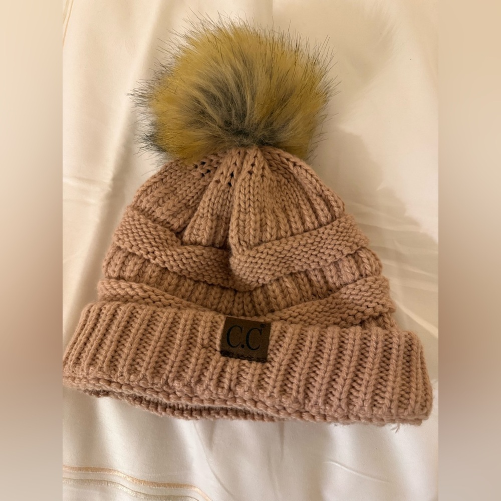 C.C. Beanie Pink Cozy Warm Knit Beanie Hat with Fun Pom Pom one size women